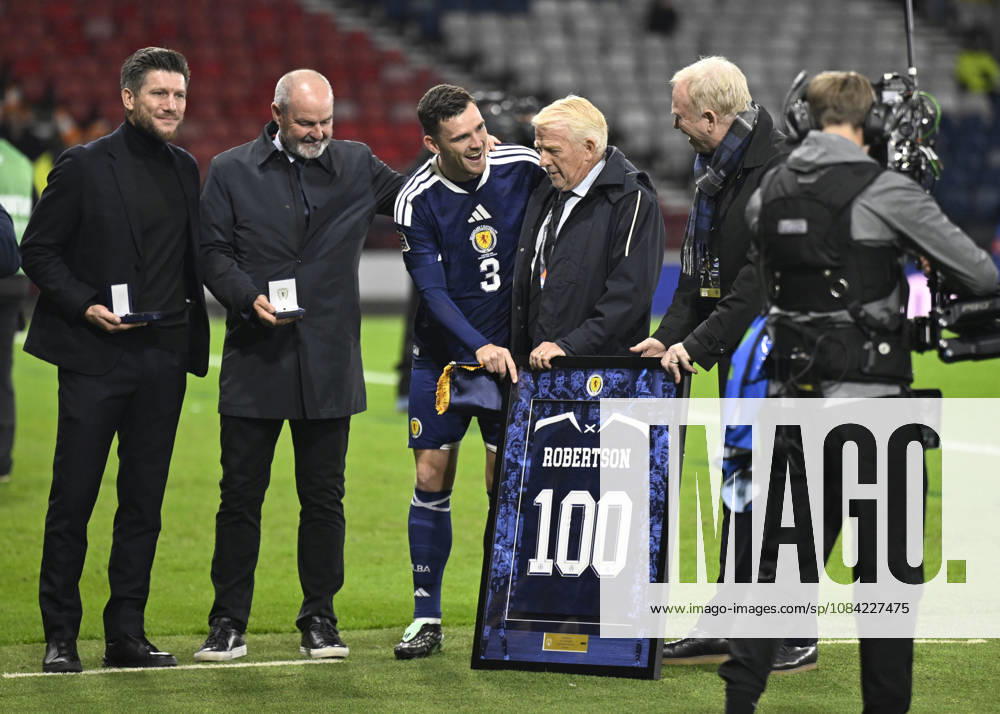 Glasgow, Scotland, 6th October 2026. Scotland head coach, Sebastien Pocognoli with former Scotland & Andy Robertsons managers Steve Clarke, Gordon Strachan and Alex McLeish wait to present a framed shiirt to mark Roberstons 100 cap during the Scotland vs Slovenia UEFA Nations League match at Hampden Park, Glasgow. Picture credit should read: Neil Hanna Sportimage . SPI_097_NH_Scotland_Slovenia SPI-5054-0097