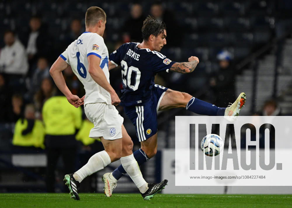 Glasgow, Scotland, 6th October 2026. Jaka Bijol of Slovenia and Kieron Bowie of Scotland during the Scotland vs Slovenia UEFA Nations League match at Hampden Park, Glasgow. Picture credit should read: Neil Hanna Sportimage . SPI_084_NH_Scotland_Slovenia SPI-5054-0084