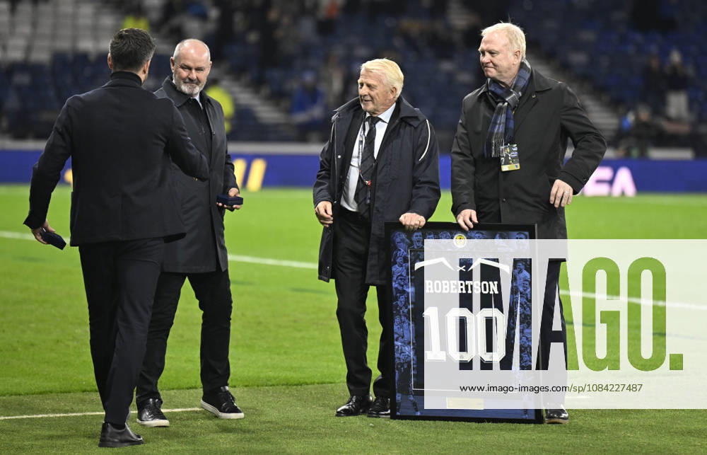 Glasgow, Scotland, 6th October 2026. Scotland head coach, Sebastien Pocognoli with former Scotland & Andy Robertsons managers Steve Clarke, Gordon Strachan and Alex McLeish wait to present a framed shiirt to mark Roberstons 100 cap during the Scotland vs Slovenia UEFA Nations League match at Hampden Park, Glasgow. Picture credit should read: Neil Hanna Sportimage . SPI_087_NH_Scotland_Slovenia SPI-5054-0087