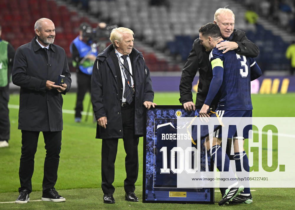 Glasgow, Scotland, 6th October 2026. Scotland head coach, Sebastien Pocognoli with former Scotland & Andy Robertsons managers Steve Clarke, Gordon Strachan and Alex McLeish wait to present a framed shiirt to mark Roberstons 100 cap during the Scotland vs Slovenia UEFA Nations League match at Hampden Park, Glasgow. Picture credit should read: Neil Hanna Sportimage . SPI_092_NH_Scotland_Slovenia SPI-5054-0092