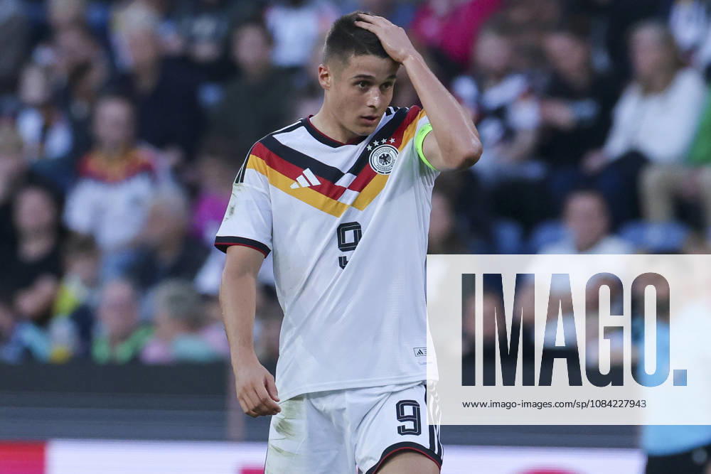 Nicolo Tresoldi of Germany looks dejected during the UEFA Under-21 EURO qualifier between Germany U21 and Georgia U21 at Almstadion on October 6, 2026, in Bielefeld, Germany. Photo by Marco Steinbrenner, DeFodi Images