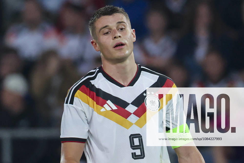 Nicolo Tresoldi of Germany looks dejected during the UEFA Under-21 EURO qualifier between Germany U21 and Georgia U21 at Almstadion on October 6, 2026, in Bielefeld, Germany. Photo by Marco Steinbrenner, DeFodi Images