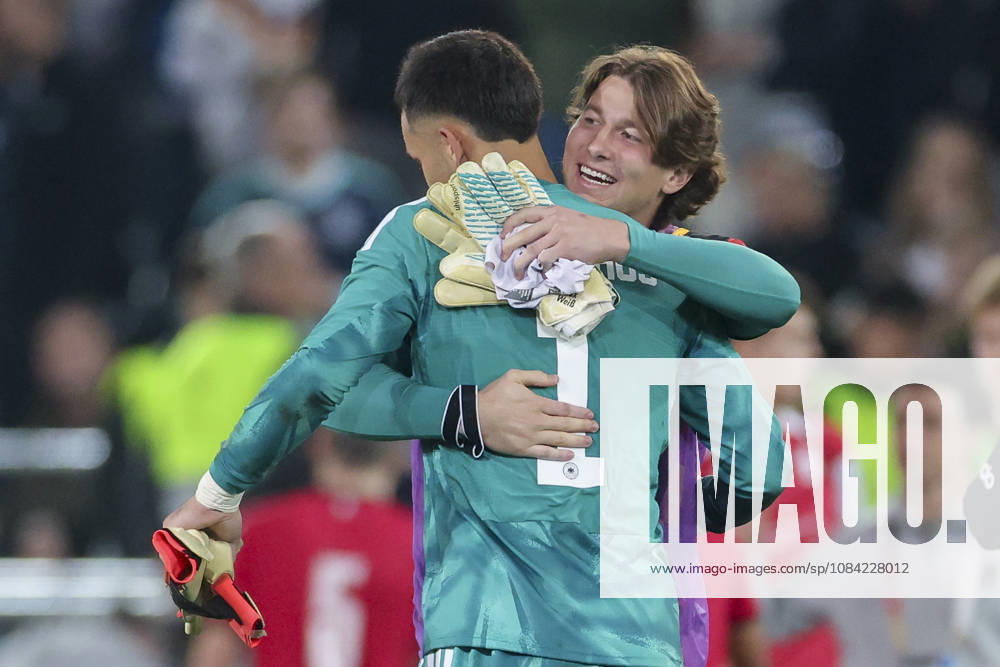 Goalkeepers Mio Backhaus of Germany and Max Weiss of Germany cheer during the UEFA Under-21 EURO qualifier between Germany U-21 and Georgia U-21 at Almstadion on October 6, 2026, in Bielefeld, Germany. Photo by Marco Steinbrenner, DeFodi Images