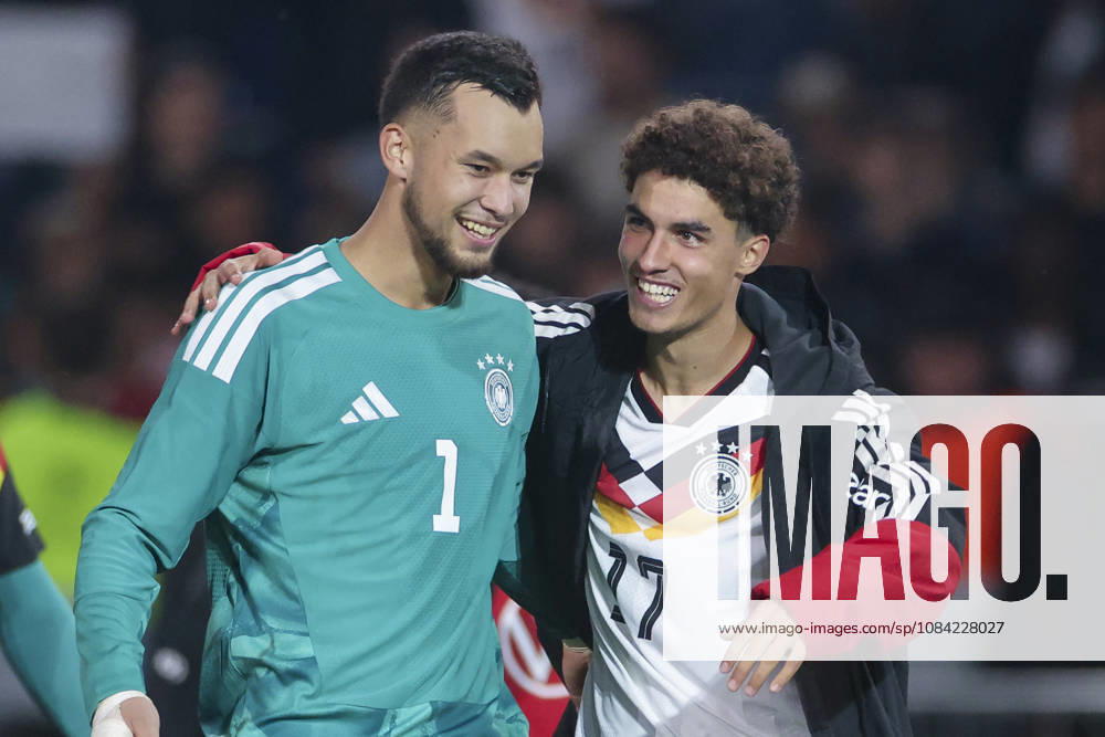 Goalkeepers Mio Backhaus (Germany) and Noah Darvich (Germany) cheer during the UEFA Under-21 EURO qualifier between Germany U21 and Georgia U21 at Almstadion on October 6, 2026, in Bielefeld, Germany. Photo by Marco Steinbrenner, DeFodi Images
