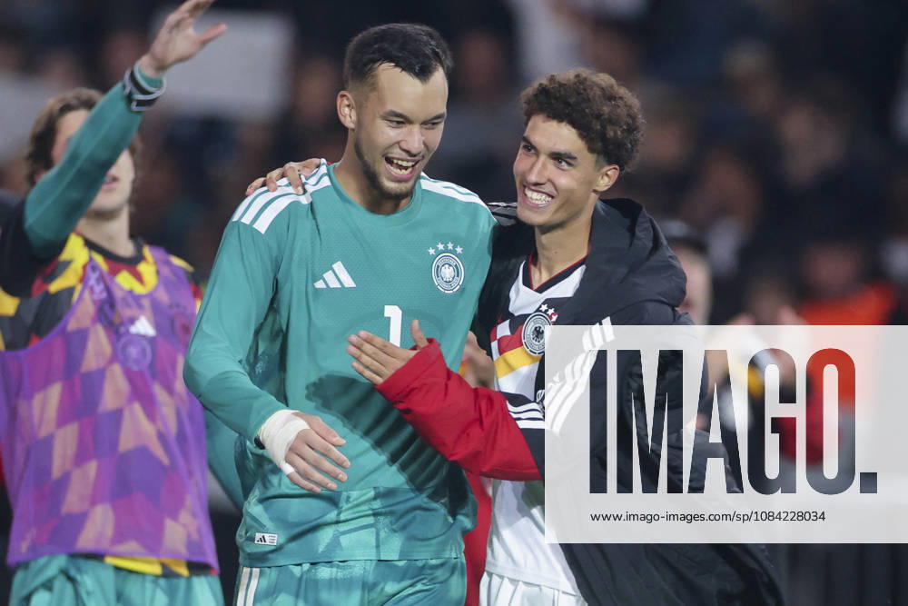 Goalkeepers Mio Backhaus (Germany) and Noah Darvich (Germany) cheer during the UEFA Under-21 EURO qualifier between Germany U21 and Georgia U21 at Almstadion on October 6, 2026, in Bielefeld, Germany. Photo by Marco Steinbrenner, DeFodi Images