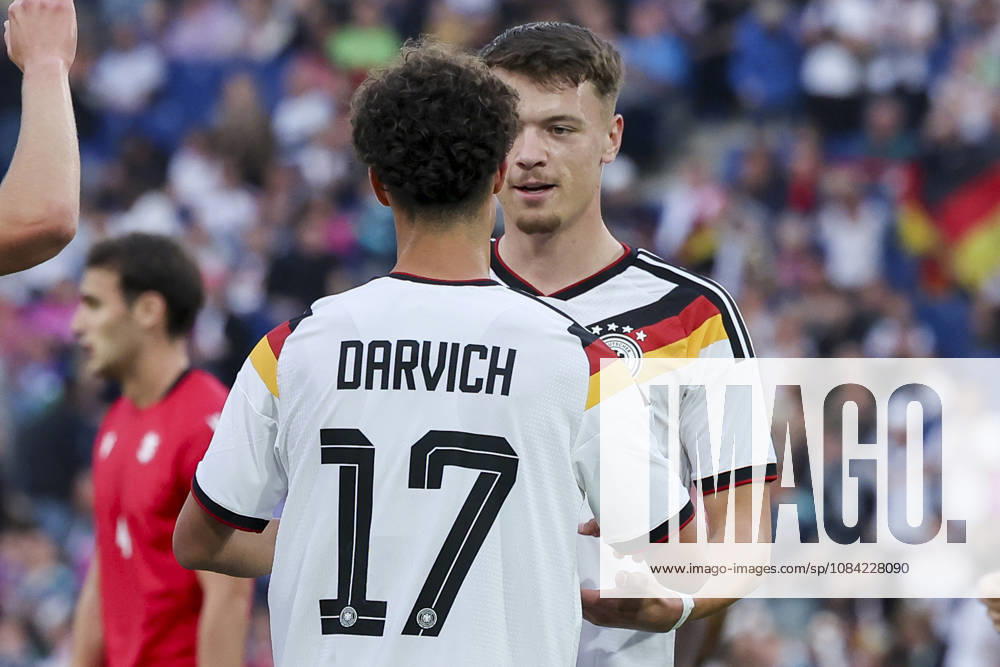 Dzenan Pejcinovic (Germany) celebrates after scoring his team s first goal alongside Noah Darvich (Germany) during the UEFA Under-21 EURO qualifier between Germany U21 and Georgia U21 at Almstadion on October 6, 2026, in Bielefeld, Germany. Photo by Marco Steinbrenner, DeFodi Images