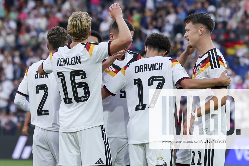 Dzenan Pejcinovic of Germany celebrates his goal with his teammates during the UEFA Under-21 EURO qualifier between Germany U21 and Georgia U21 at Almstadion on October 6, 2026, in Bielefeld, Germany. Photo by Marco Steinbrenner, DeFodi Images
