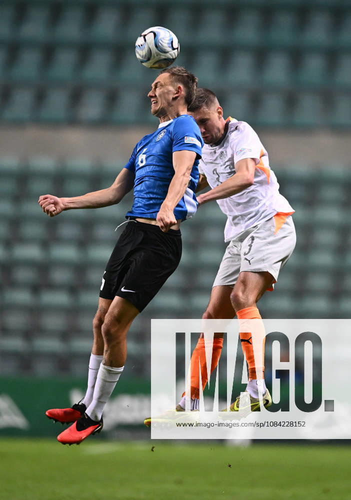 (261007) -- TALLINN, Oct. 7, 2026 -- Estonia s Rasmus Peetson (L) and Iceland s Daniel Leo Gretarsson head for the ball during the UEFA Nations League 2026 27 League C Group C4 match between Estonia and Iceland at A. Le Coq Arena in Tallinn, Estonia, Oct. 6, 2026. (Photo by Xinhua) (SP)ESTONIA-TALLINN-FOOTBALL-UEFA NATIONS LEAGUE C-ESTONIA VS ICELAND SergeixStepanov