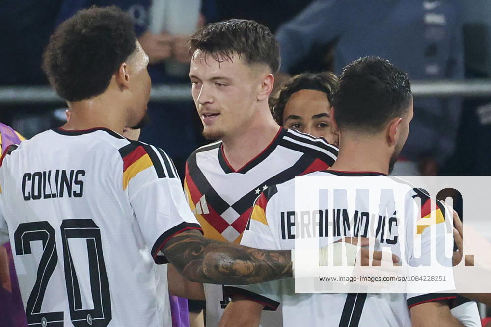 Dzenan Pejcinovic (Germany) celebrates after scoring his team s second goal alongside Nnamdi Collins (Germany) and Arijon Ibrahimovic (Germany) during the UEFA Under-21 EURO qualifier between Germany U21 and Georgia U21 at Almstadion on October 6, 2026 in Bielefeld, Germany. Photo by Marco Steinbrenner, DeFodi Images