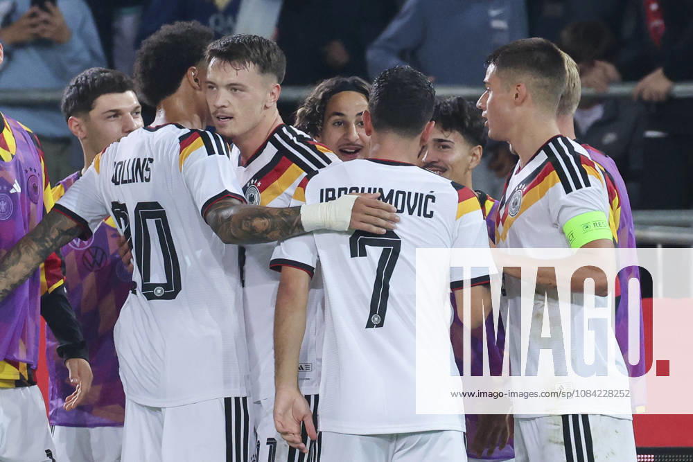 Dzenan Pejcinovic of Germany celebrates his goal with his teammates during the UEFA Under-21 EURO qualifier between Germany U21 and Georgia U21 at Almstadion on October 6, 2026, in Bielefeld, Germany. Photo by Marco Steinbrenner, DeFodi Images