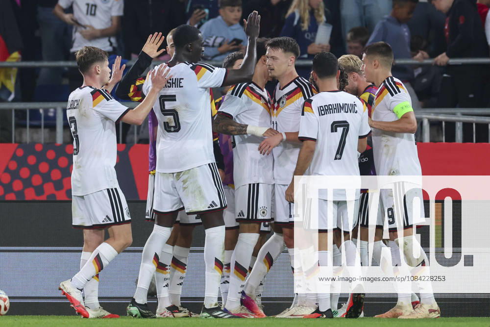 Dzenan Pejcinovic of Germany celebrates his goal with his teammates during the UEFA Under-21 EURO qualifier between Germany U21 and Georgia U21 at Almstadion on October 6, 2026, in Bielefeld, Germany. Photo by Marco Steinbrenner, DeFodi Images