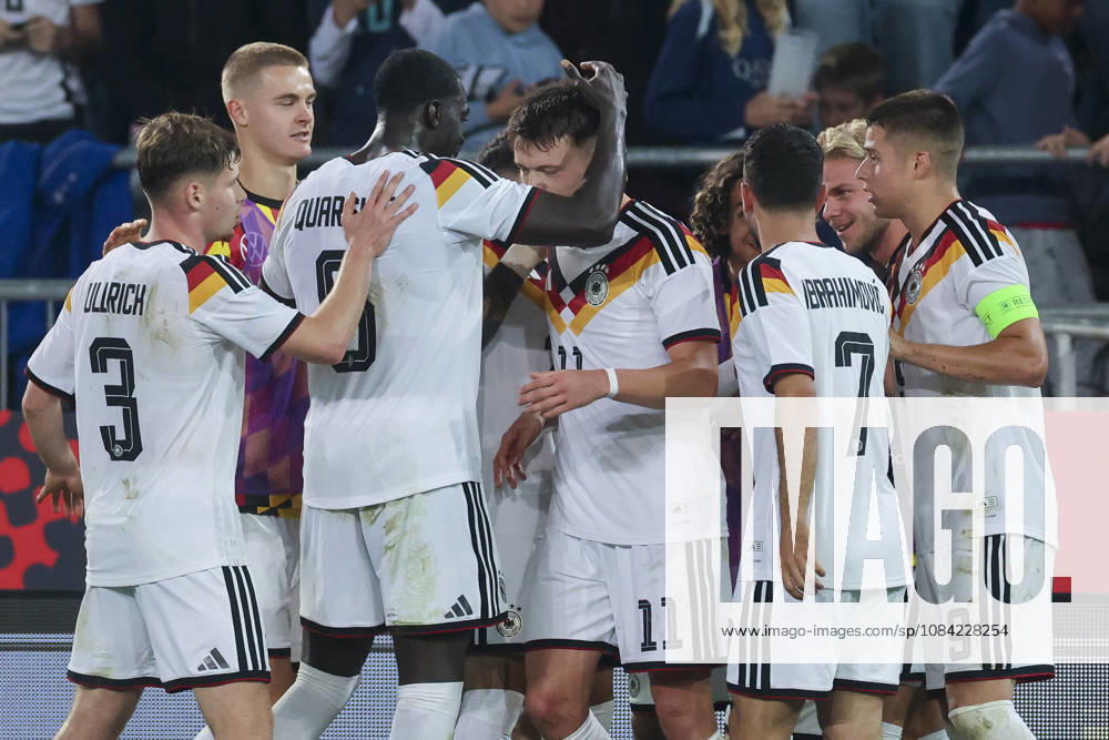 Dzenan Pejcinovic of Germany celebrates his goal with his teammates during the UEFA Under-21 EURO qualifier between Germany U21 and Georgia U21 at Almstadion on October 6, 2026, in Bielefeld, Germany. Photo by Marco Steinbrenner, DeFodi Images