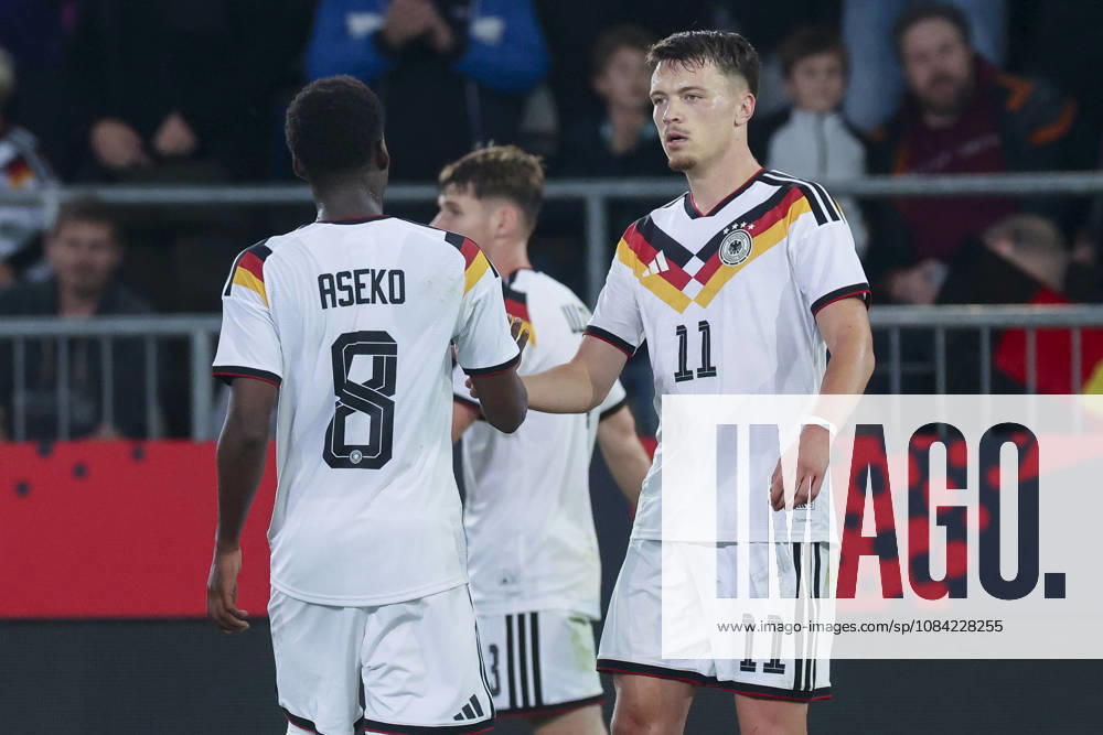 Dzenan Pejcinovic of Germany celebrates after scoring his team s second goal alongside Noel Aseko of Germany during the UEFA Under-21 EURO qualifier between Germany U21 and Georgia U21 at Almstadion on October 6, 2026, in Bielefeld, Germany. Photo by Marco Steinbrenner, DeFodi Images
