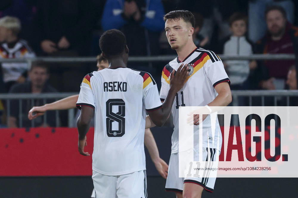 Dzenan Pejcinovic of Germany celebrates after scoring his team s second goal alongside Noel Aseko of Germany during the UEFA Under-21 EURO qualifier between Germany U21 and Georgia U21 at Almstadion on October 6, 2026, in Bielefeld, Germany. Photo by Marco Steinbrenner, DeFodi Images