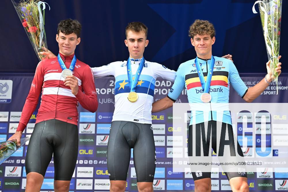 Denmark s Malthe Risbjerg; Spain s Benjamin Noval Suarez and Belgium s Vic De Smet celebrate on the podium of the Men Junior Individual Time Trial race (22km) at the cycling UEC Road European Championships, in Ljubljana, Slovenia, on Wednesday 7 October 2026. The UEC Road European Championships are taking place from 02 to 07 October in Ljubljana, Slovenia. DAVIDxPINTENS x189038119x