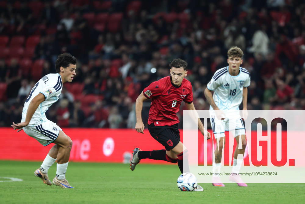 Kristjan Asllani of Albania and Lorenzo Capicchioni of San Marino during UEFA Nations League 2026-2027 group phase match between Albania and San Marino in Tirana, Albania on 6 October, 2026. Tirana Albania - ZUMAb266 20261006_zip_b266_011