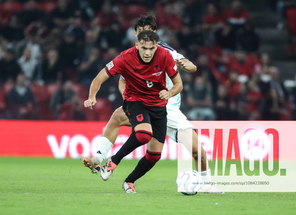 Kristjan Asllani of Albania and Lorenzo Capicchioni of San Marino during UEFA Nations League 2026-2027 group phase match between Albania and San Marino in Tirana, Albania on 6 October, 2026. Soccer 2026 Albania Vs San Marino UEFA Nations League 2026-2027 - ZUMAb266 20261006_zip_b266_010