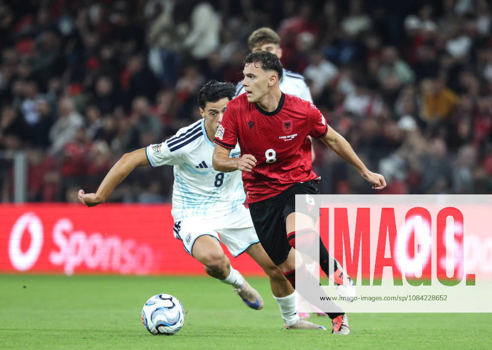 Kristjan Asllani of Albania and Lorenzo Capicchioni of San Marino during UEFA Nations League 2026-2027 group phase match between Albania and San Marino in Tirana, Albania on 6 October, 2026. Tirana Albania - ZUMAb266 20261006_zip_b266_012