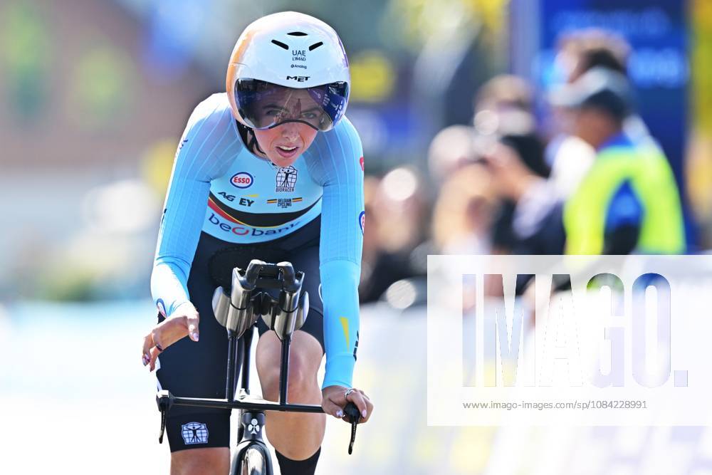 Belgium s Febe Jooris crosses the finish line of the Women U23 Individual Time Trial race (22km) at the cycling UEC Road European Championships, in Ljubljana, Slovenia, on Wednesday 7 October 2026. The UEC Road European Championships are taking place from 02 to 07 October in Ljubljana, Slovenia. DAVIDxPINTENS x189039137x
