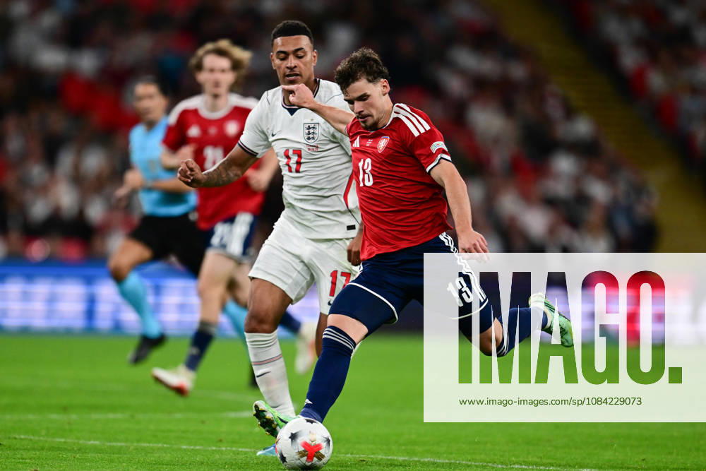 England v Czechia, UEFA Nations League Czechia midfielder Lukas Ambros (13) under pressure from England forward Morgan Rogers (17) during the UEFA Nations League match between England and Czechia at Wembley Stadium, London, UK on 6 October 2026. London Wembley Stadium Greater London UK Editorial use only ,