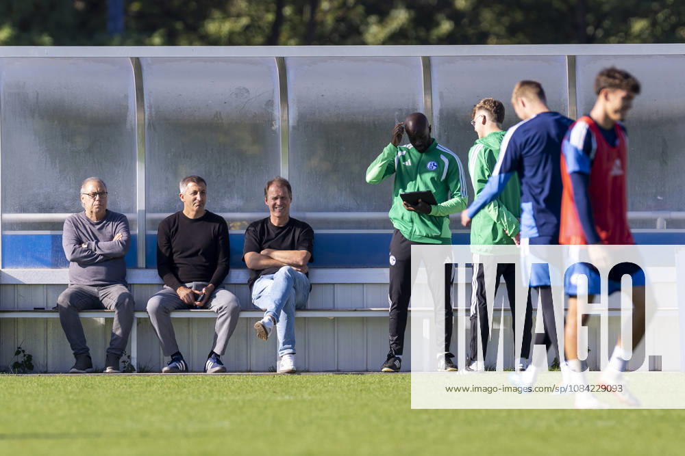 Soccer, FC Schalke 04 training session; from left: Scout Manfred Manni Dubski, FC Schalke 04; Director of Sports, NLZ, Ayhan Tumani, FC Schalke 04; Till Beckmann, Administrative Director of the NLZ at FC Schalke 04, Gelsenkirchen; FC Schalke 04 training facility, North Rhine-Westphalia, Germany; xRHR PHOTO YYx