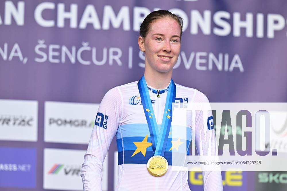 Netherlands Nienke Vinke celebrates on the podium after winning the Women U23 Individual Time Trial race (22km) at the cycling UEC Road European Championships, in Ljubljana, Slovenia, on Wednesday 7 October 2026. The UEC Road European Championships are taking place from 02 to 07 October in Ljubljana, Slovenia. DAVIDxPINTENS x189040059x