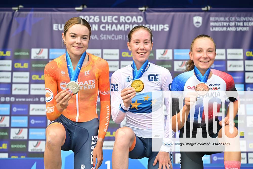 Netherlands Megan Arens; Netherlands Nienke Vinke and Slovakia s Viktoria Chladonova celebrate on the podium of the Women U23 Individual Time Trial race (22km) at the cycling UEC Road European Championships, in Ljubljana, Slovenia, on Wednesday 7 October 2026. The UEC Road European Championships are taking place from 02 to 07 October in Ljubljana, Slovenia. DAVIDxPINTENS x189040063x