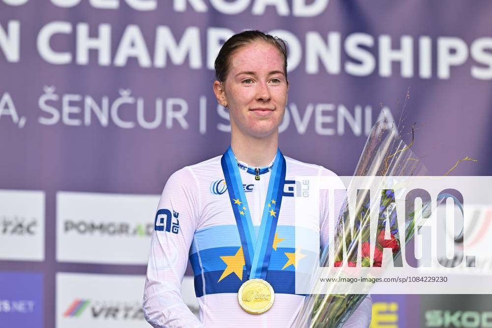 Netherlands Nienke Vinke celebrates on the podium after winning the Women U23 Individual Time Trial race (22km) at the cycling UEC Road European Championships, in Ljubljana, Slovenia, on Wednesday 7 October 2026. The UEC Road European Championships are taking place from 02 to 07 October in Ljubljana, Slovenia. DAVIDxPINTENS x189040067x