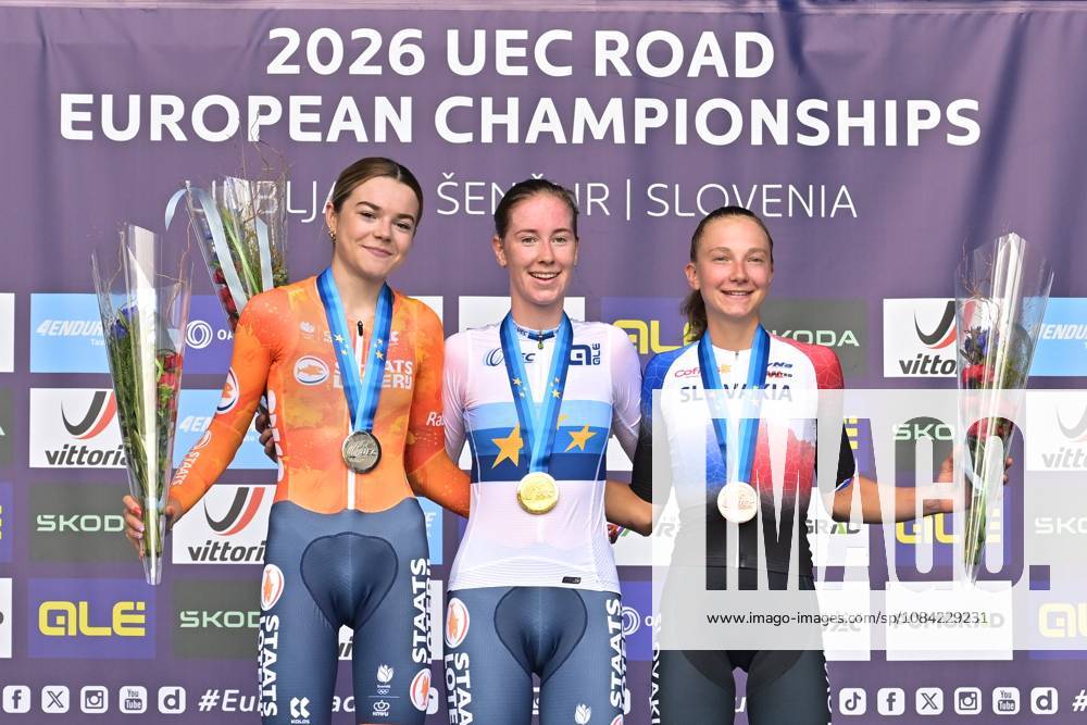 Netherlands Megan Arens; Netherlands Nienke Vinke and Slovakia s Viktoria Chladonova celebrate on the podium of the Women U23 Individual Time Trial race (22km) at the cycling UEC Road European Championships, in Ljubljana, Slovenia, on Wednesday 7 October 2026. The UEC Road European Championships are taking place from 02 to 07 October in Ljubljana, Slovenia. DAVIDxPINTENS x189040069x