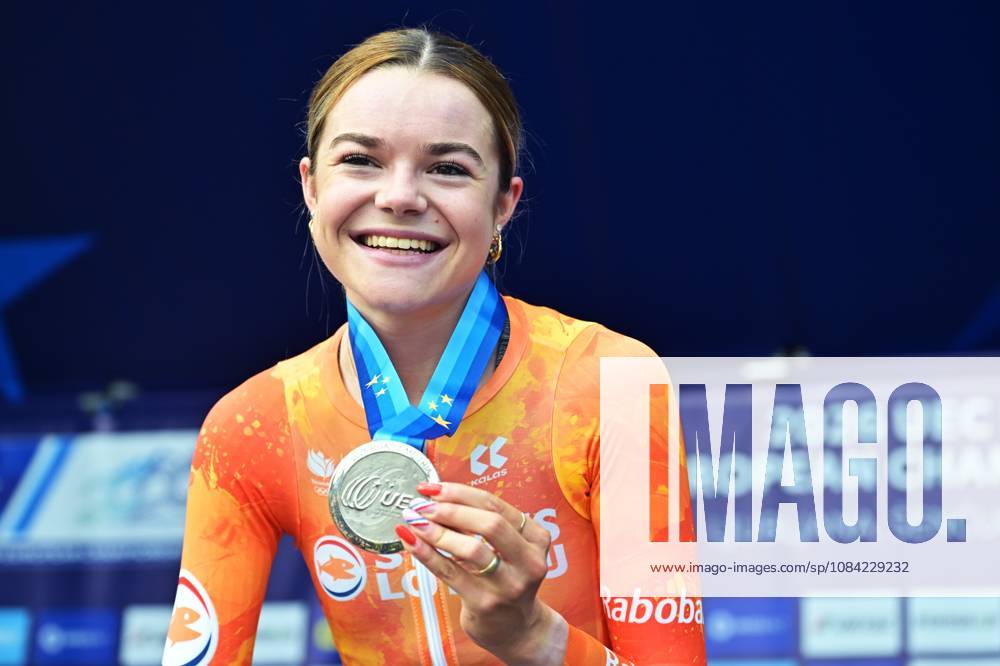 Netherlands Megan Arens , winner of the silver medal celebrates on the podium of the Women U23 Individual Time Trial race (22km) at the cycling UEC Road European Championships, in Ljubljana, Slovenia, on Wednesday 7 October 2026. The UEC Road European Championships are taking place from 02 to 07 October in Ljubljana, Slovenia. DAVIDxPINTENS x189040103x
