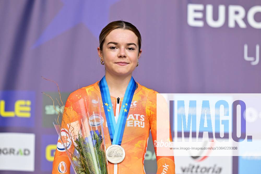Netherlands Megan Arens , winner of the silver medal celebrates on the podium of the Women U23 Individual Time Trial race (22km) at the cycling UEC Road European Championships, in Ljubljana, Slovenia, on Wednesday 7 October 2026. The UEC Road European Championships are taking place from 02 to 07 October in Ljubljana, Slovenia. DAVIDxPINTENS x189040224x