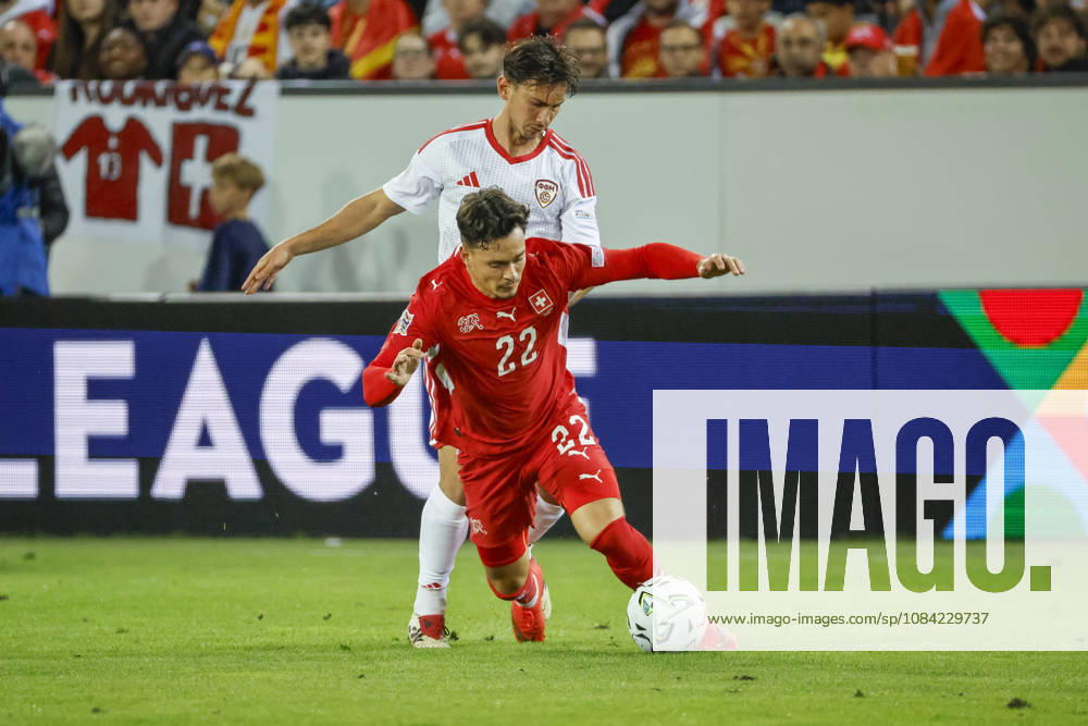 Fabian Rieder of Switzerland, 22, and Dimitar Mitrovski of North Macedonia, 20, in a one-on-one battle; Switzerland, UEFA, Nations League, Matchday 4, Switzerland vs. North Macedonia, October 6, 2026, Swissporarena, Lucerne, Switzerland