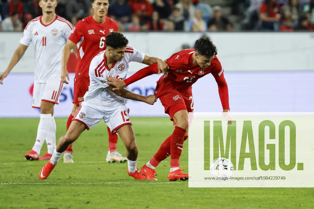 Agon Elezi of North Macedonia, 15, and Fabian Rieder of Switzerland, 22, in a one-on-one duel; Switzerland, UEFA, Nations League, Matchday 4, Switzerland vs. North Macedonia, October 6, 2026, Swissporarena, Lucerne, Switzerland