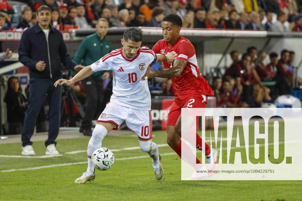 Enis Bardhi of North Macedonia, 10, and Sascha Britschgi of Switzerland, 2, in a one-on-one duel; Switzerland, UEFA Nations League, Matchday 4, Switzerland vs. North Macedonia, October 6, 2026, Swissporarena, Lucerne, Switzerland