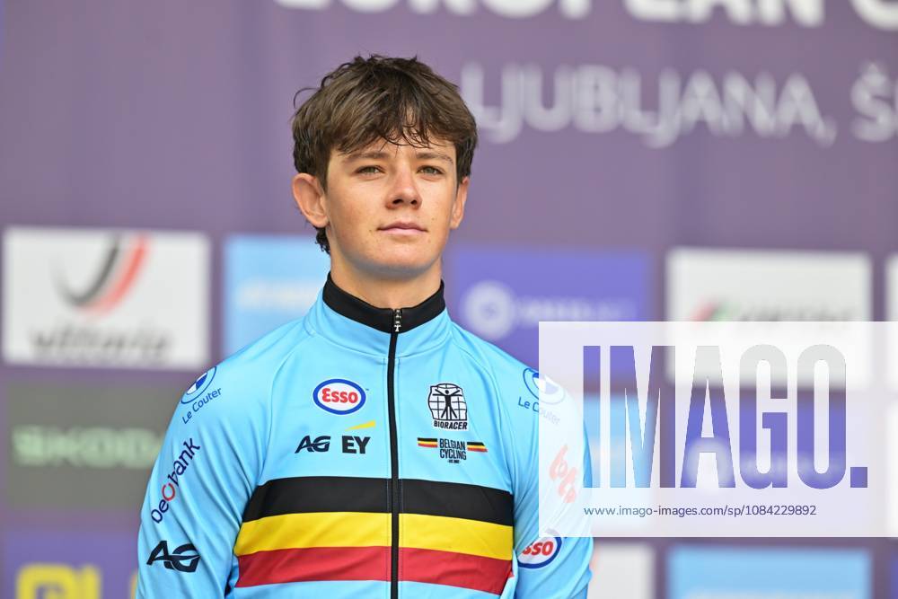 Belgium s Matisse Van Kerckhove , winner of the silver medal celebrates on the podium of the Men U23 Individual Time Trial race (22km) at the cycling UEC Road European Championships, in Ljubljana, Slovenia, on Wednesday 7 October 2026. The UEC Road European Championships are taking place from 02 to 07 October in Ljubljana, Slovenia. DAVIDxPINTENS x189041709x