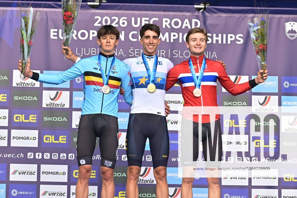 Belgium s Matisse Van Kerckhove; Spain s Hector Alvarez Martinez and Norway s Kasper Haugland celebrate on the podium after the Men U23 Individual Time Trial race (22km) at the cycling UEC Road European Championships, in Ljubljana, Slovenia, on Wednesday 7 October 2026. The UEC Road European Championships are taking place from 02 to 07 October in Ljubljana, Slovenia. DAVIDxPINTENS x189041711x