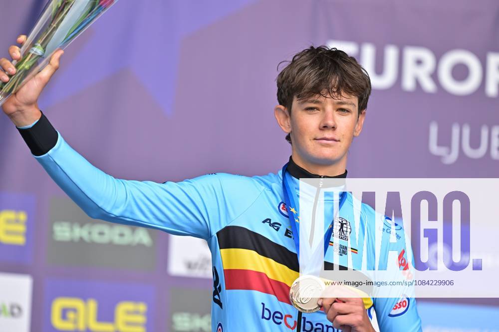 Belgium s Matisse Van Kerckhove , winner of the silver medal celebrates on the podium of the Men U23 Individual Time Trial race (22km) at the cycling UEC Road European Championships, in Ljubljana, Slovenia, on Wednesday 7 October 2026. The UEC Road European Championships are taking place from 02 to 07 October in Ljubljana, Slovenia. DAVIDxPINTENS x189041712x