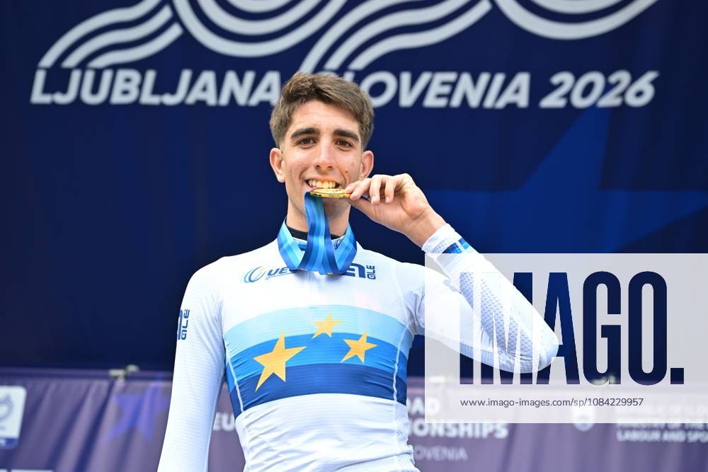 Spain s Hector Alvarez Martinez celebrates on the podium after winning the Men U23 Individual Time Trial race (22km) at the cycling UEC Road European Championships, in Ljubljana, Slovenia, on Wednesday 7 October 2026. The UEC Road European Championships are taking place from 02 to 07 October in Ljubljana, Slovenia. DAVIDxPINTENS x189041936x