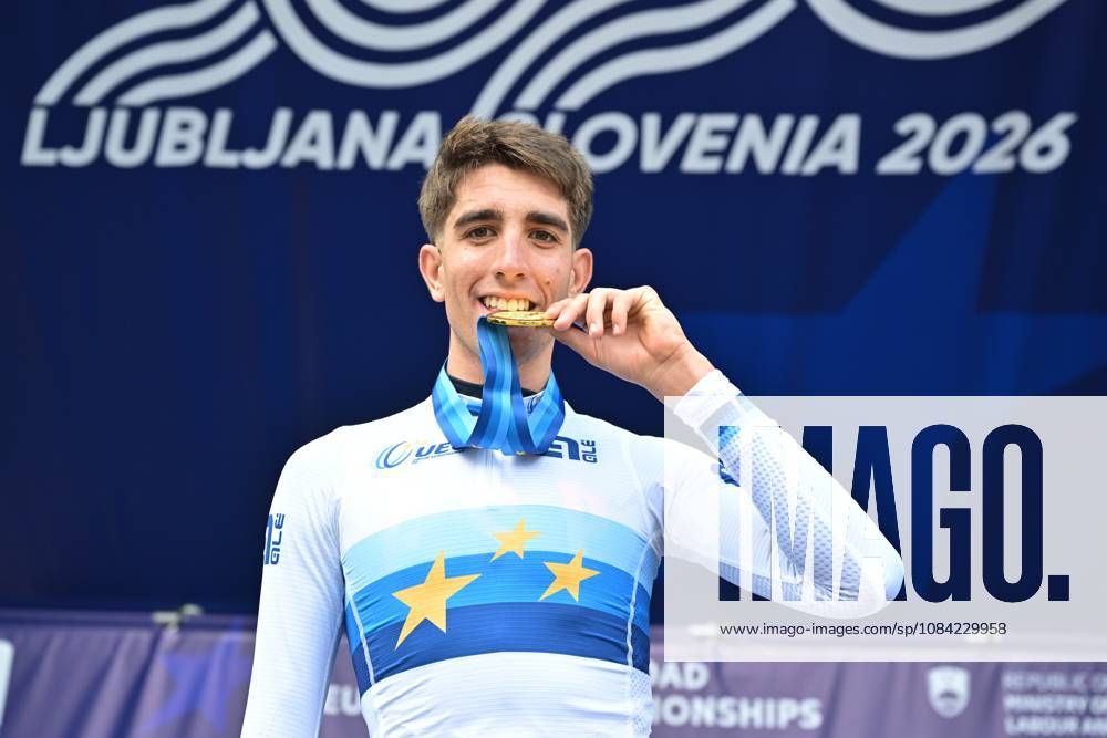 Spain s Hector Alvarez Martinez celebrates on the podium after winning the Men U23 Individual Time Trial race (22km) at the cycling UEC Road European Championships, in Ljubljana, Slovenia, on Wednesday 7 October 2026. The UEC Road European Championships are taking place from 02 to 07 October in Ljubljana, Slovenia. DAVIDxPINTENS x189041951x