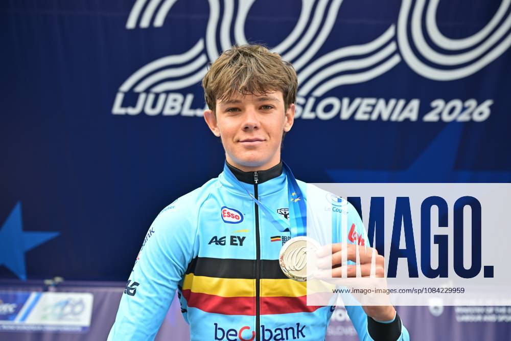 Belgium s Matisse Van Kerckhove , winner of the silver medal celebrates on the podium of the Men U23 Individual Time Trial race (22km) at the cycling UEC Road European Championships, in Ljubljana, Slovenia, on Wednesday 7 October 2026. The UEC Road European Championships are taking place from 02 to 07 October in Ljubljana, Slovenia. DAVIDxPINTENS x189042132x