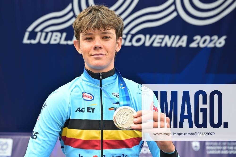 Belgium s Matisse Van Kerckhove , winner of the silver medal celebrates on the podium of the Men U23 Individual Time Trial race (22km) at the cycling UEC Road European Championships, in Ljubljana, Slovenia, on Wednesday 7 October 2026. The UEC Road European Championships are taking place from 02 to 07 October in Ljubljana, Slovenia. DAVIDxPINTENS x189042136x