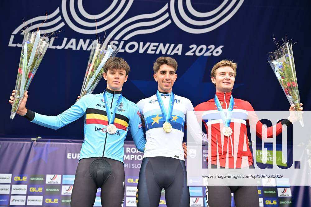 Belgium s Matisse Van Kerckhove; Spain s Hector Alvarez Martinez and Norway s Kasper Haugland celebrate on the podium after the Men U23 Individual Time Trial race (22km) at the cycling UEC Road European Championships, in Ljubljana, Slovenia, on Wednesday 7 October 2026. The UEC Road European Championships are taking place from 02 to 07 October in Ljubljana, Slovenia. DAVIDxPINTENS x189042163x
