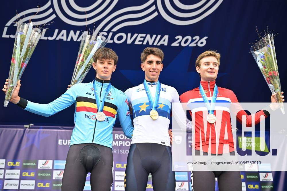 Belgium s Matisse Van Kerckhove; Spain s Hector Alvarez Martinez and Norway s Kasper Haugland celebrate on the podium after the Men U23 Individual Time Trial race (22km) at the cycling UEC Road European Championships, in Ljubljana, Slovenia, on Wednesday 7 October 2026. The UEC Road European Championships are taking place from 02 to 07 October in Ljubljana, Slovenia. DAVIDxPINTENS x189042169x