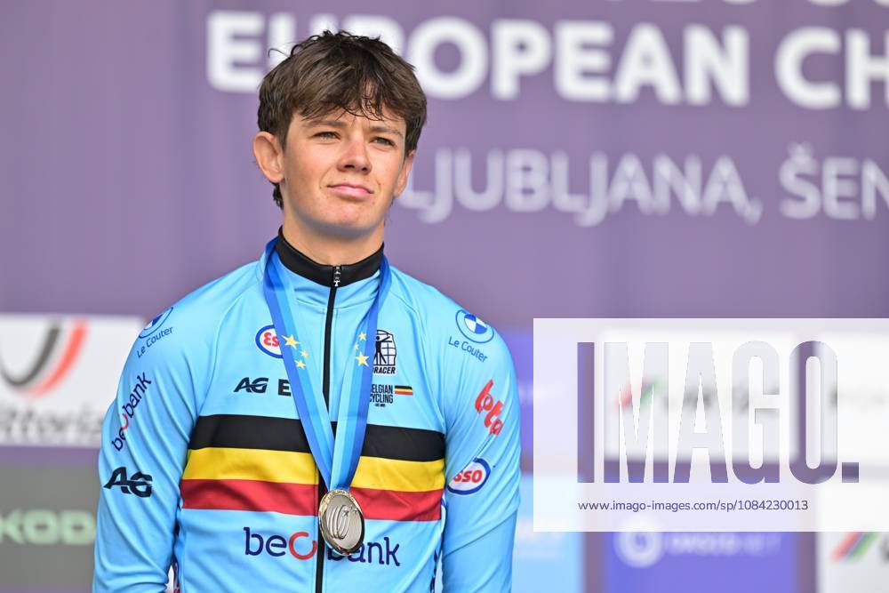 Belgium s Matisse Van Kerckhove , winner of the silver medal celebrates on the podium of the Men U23 Individual Time Trial race (22km) at the cycling UEC Road European Championships, in Ljubljana, Slovenia, on Wednesday 7 October 2026. The UEC Road European Championships are taking place from 02 to 07 October in Ljubljana, Slovenia. DAVIDxPINTENS x189042173x
