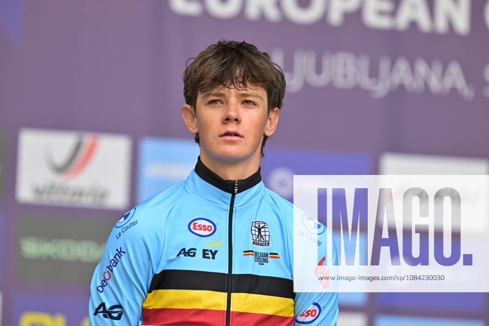 Belgium s Matisse Van Kerckhove , winner of the silver medal celebrates on the podium of the Men U23 Individual Time Trial race (22km) at the cycling UEC Road European Championships, in Ljubljana, Slovenia, on Wednesday 7 October 2026. The UEC Road European Championships are taking place from 02 to 07 October in Ljubljana, Slovenia. DAVIDxPINTENS x189042181x
