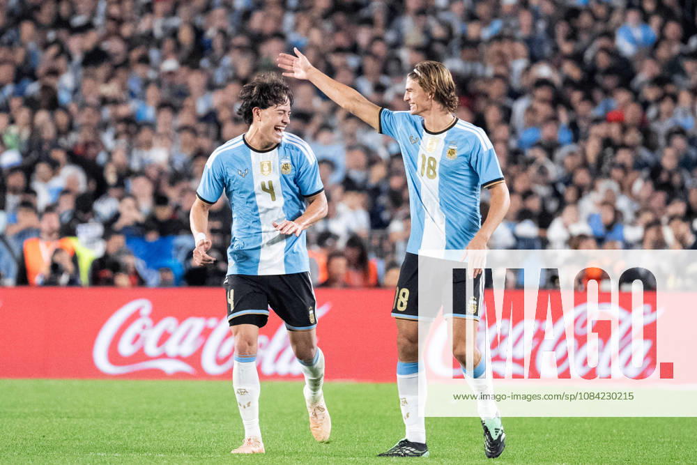 Nico Paz of Argentina (R) celebrates after scoring the team s second goal with Agustin Giay, also of Argentina (L), during the International Friendly, Länderspiel, Nationalmannschaft football match between Argentina and Benin, at the Estadio Monumental Antonio V. Liberti, on October 6, 2026, in Buenos Aires, Argentina. Richard Callis Fotoarena (Richard Callis SPP)