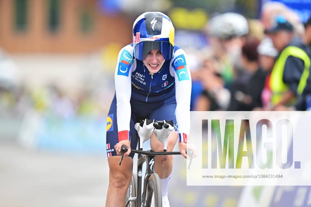 France s Juliette Berthet crosses the finish line of the Women Elite Individual Time Trial race (22km) at the cycling UEC Road European Championships, in Ljubljana, Slovenia, on Wednesday 7 October 2026. The UEC Road European Championships are taking place from 02 to 07 October in Ljubljana, Slovenia. DAVIDxPINTENS x189048073x