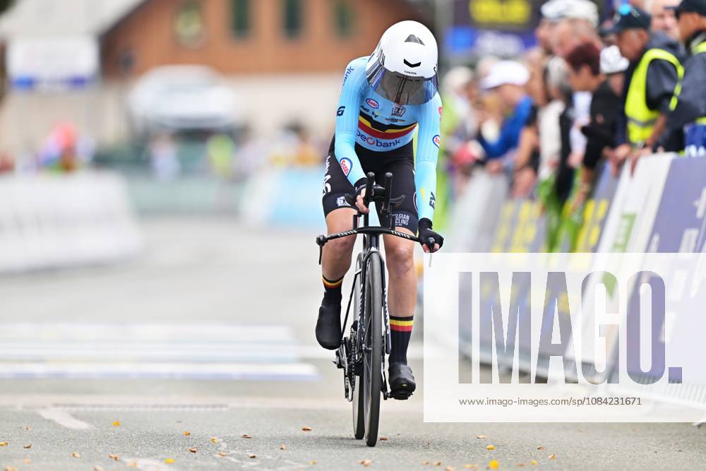 Belgium s Lotte Claes crosses the finish line of the Women Elite Individual Time Trial race (22km) at the cycling UEC Road European Championships, in Ljubljana, Slovenia, on Wednesday 7 October 2026. The UEC Road European Championships are taking place from 02 to 07 October in Ljubljana, Slovenia. DAVIDxPINTENS x189049024x