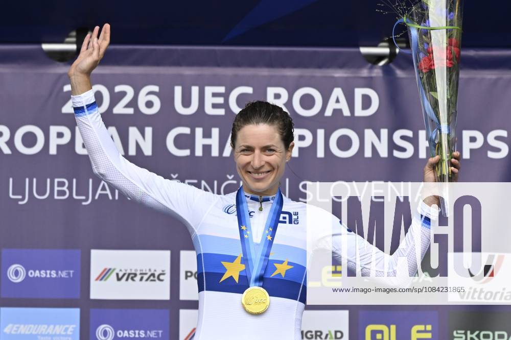 UEC 2026 Road European Championships Ljubljana 07 10 2026 SENCUR, SLOVENIA - OCTOBER 07 : gold medal Reusser Marlen (SUI) pictured during the podium ceremony of the Women Elite Individual Time Trial at the 2026 UEC Road European Championships. An UCI Continental Championships time trial cycling race with start and finish in Sencur on October 7, 2026 in Sencur, Slovenia, 07 10 2026 Sencur Slovenia