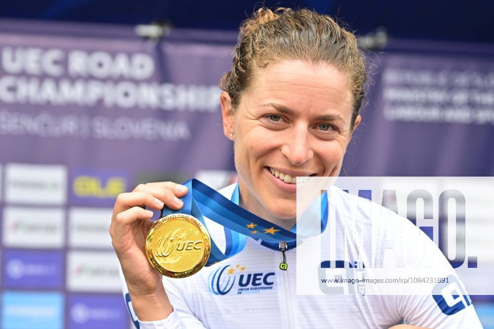 Switzerland s Marlen Reusser celebrates on the podium after winning the Women Elite Individual Time Trial race (22km) at the cycling UEC Road European Championships, in Ljubljana, Slovenia, on Wednesday 7 October 2026. The UEC Road European Championships are taking place from 02 to 07 October in Ljubljana, Slovenia. DAVIDxPINTENS x189052657x